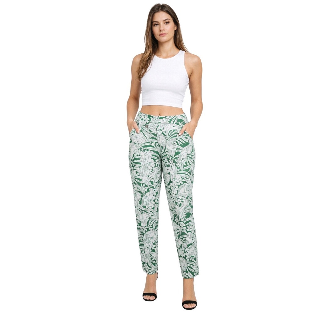 Premise Womens Green White Tropical Bird Print Pull On Ankle Pants, Size M